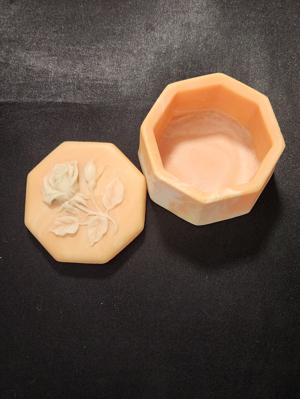 Octagonal Pink Peach Trinket Jar with Floral Relief Lid